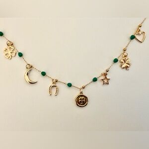 Gold Lucky Clover Charm Necklace with Green Beads
